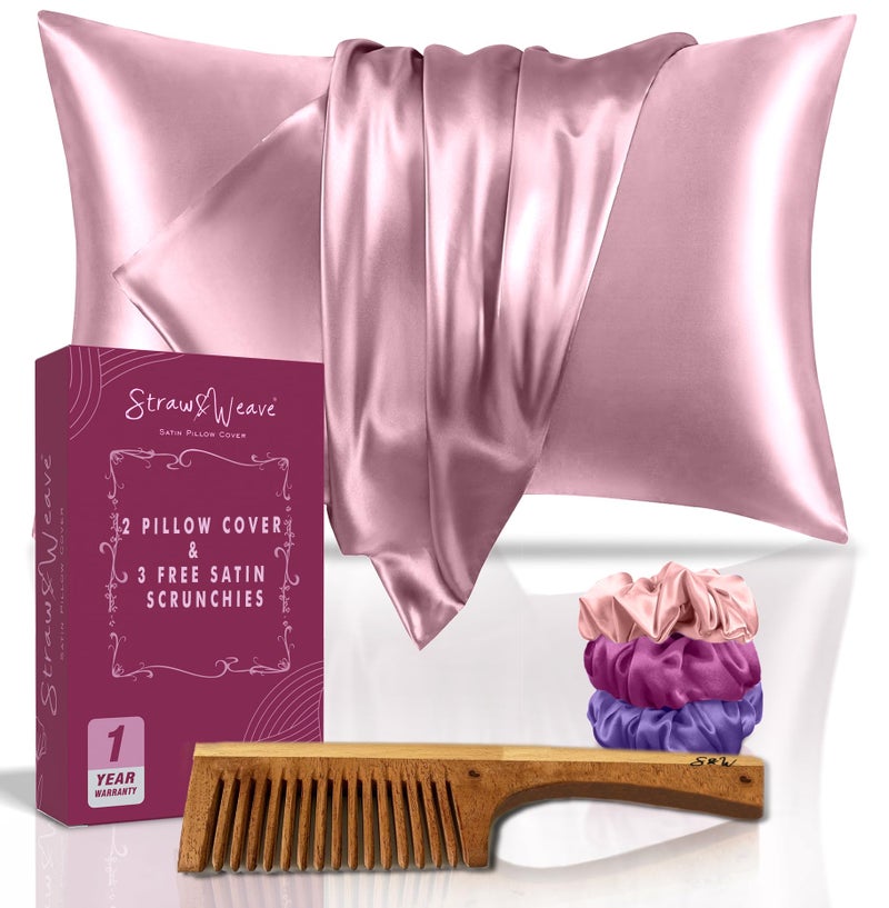 STRAW&WEAVE Wooden Comb & Satin Hair Accessories for Women | 3 Months Warranty | with 2 Pillow Cover, 3 Scrunchies & 1 Kachi Neem Comb | Satin Silk Pillow Covers for Hair and Skin - Image 1