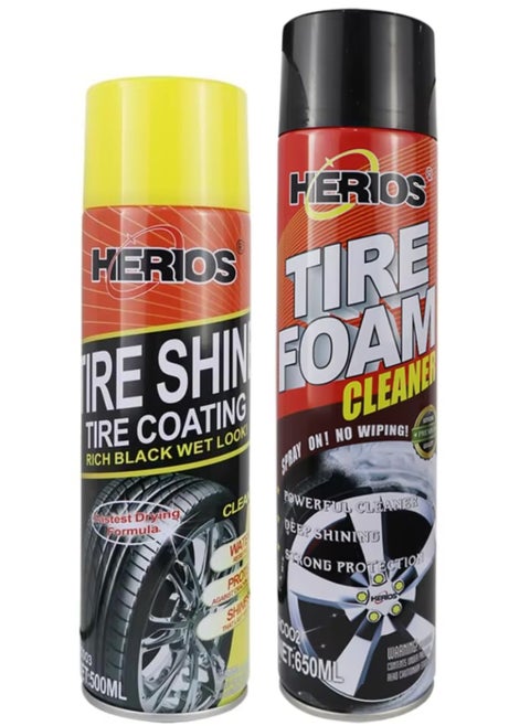 Tire Care Set, 650ml Tire Foam Cleaner and 500ml Tire Shine Coating, Black Wet Look