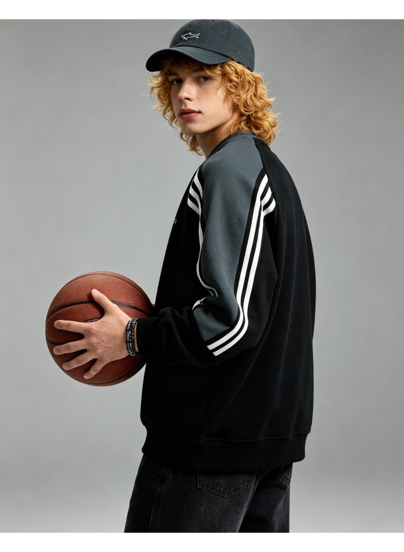 Paul & Shark Unisex Crew Neck Sweatshirt Vintage Washed Oversized Color‑Block Striped Sleeves Casual Sporty Campus Top, Black Dark Green White - Image 2