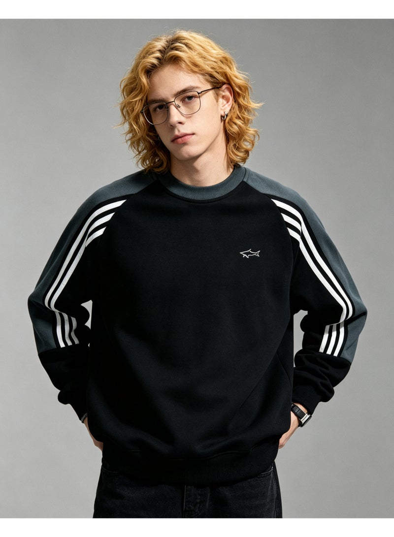 Paul & Shark Unisex Crew Neck Sweatshirt Vintage Washed Oversized Color‑Block Striped Sleeves Casual Sporty Campus Top, Black Dark Green White - Image 5
