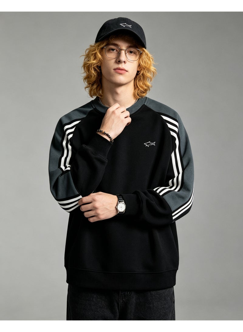 Paul & Shark Unisex Crew Neck Sweatshirt Vintage Washed Oversized Color‑Block Striped Sleeves Casual Sporty Campus Top, Black Dark Green White - Image 1