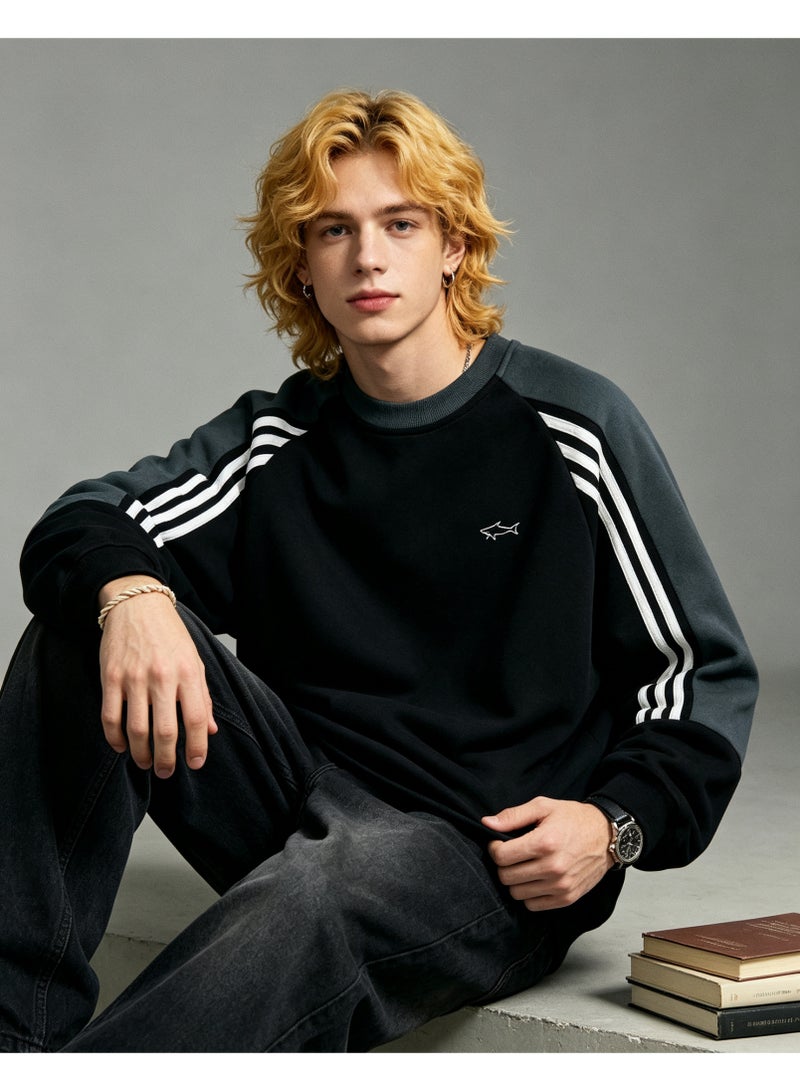 Paul & Shark Unisex Crew Neck Sweatshirt Vintage Washed Oversized Color‑Block Striped Sleeves Casual Sporty Campus Top, Black Dark Green White - Image 3