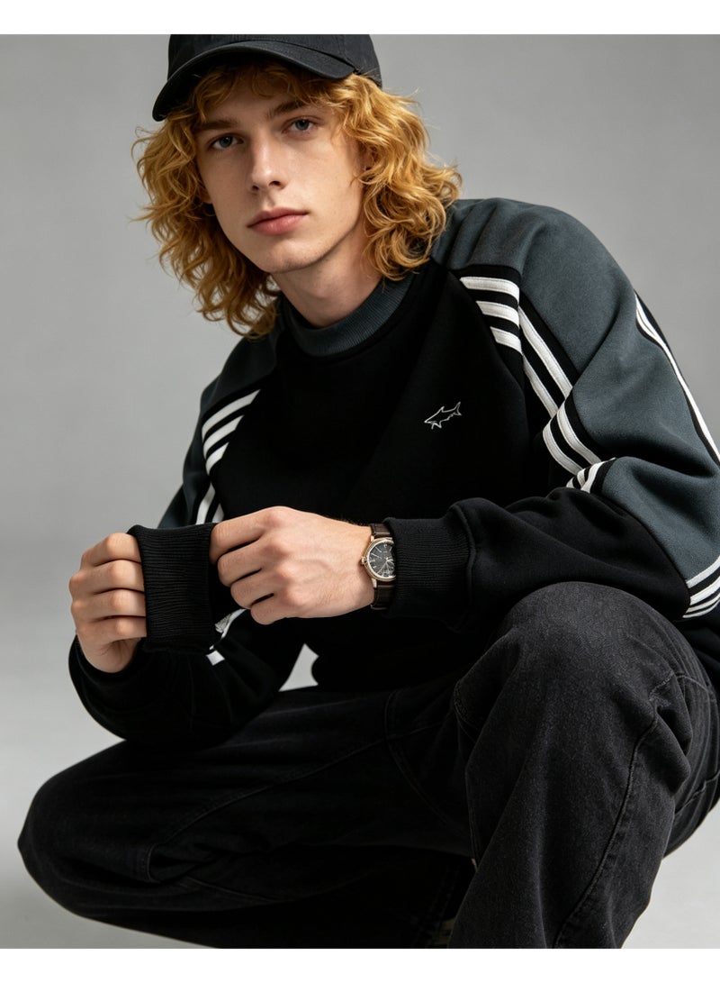 Paul & Shark Unisex Crew Neck Sweatshirt Vintage Washed Oversized Color‑Block Striped Sleeves Casual Sporty Campus Top, Black Dark Green White - Image 4