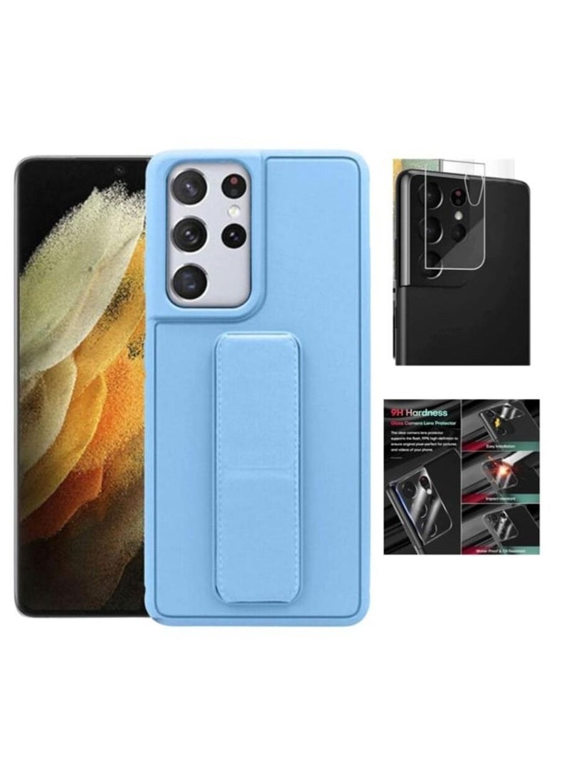 Silicone HandBand Grip Cover Case With Camera Lens Protector For Samsung Galaxy S21 Ultra SkyBlue - Image 1