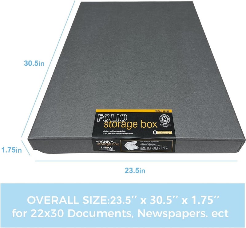 Lineco Folio Storage Box, Clamshell Design with Metal Edge. 23.5x30.5x1.75 in, Archival Boxboard, Preserve Photos, Prints, Cards, Magazines, Documents, Art, Ephemera, Family Records, Gray, Pack of 2 - Image 2