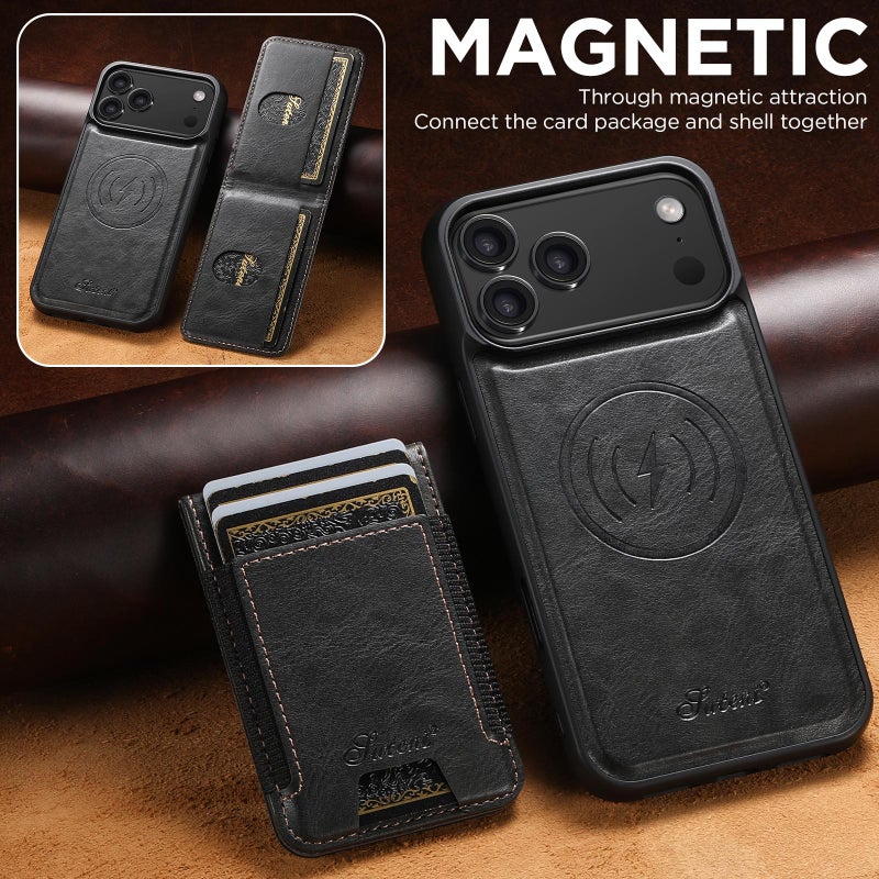 Suteni For Iphone 17 Pro H17 Oil Eax Leather Magsafe Detachable Wallet Phone Case(Black) - Image 2