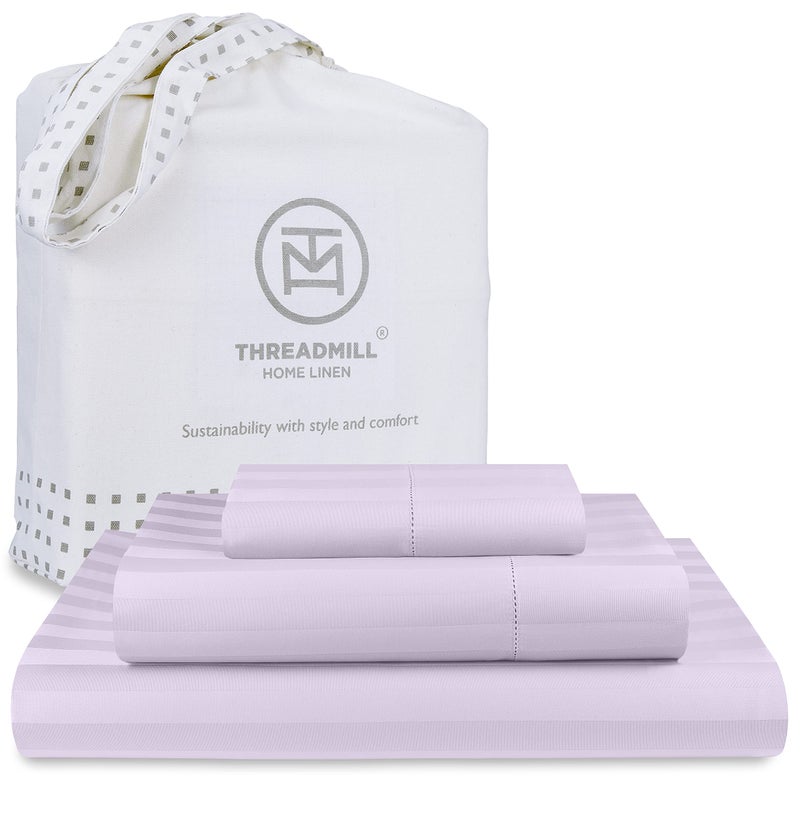 Threadmill Threadmill 500 Thread Count Twin Size Damask Stripe  3 Pc Luxury Cotton Sheet Set  Breathable & Silky Soft Lilac Sheets with 15"" Elasticized Deep Pocket  1 Pillowcase & Free Tote Bag  - Image 1