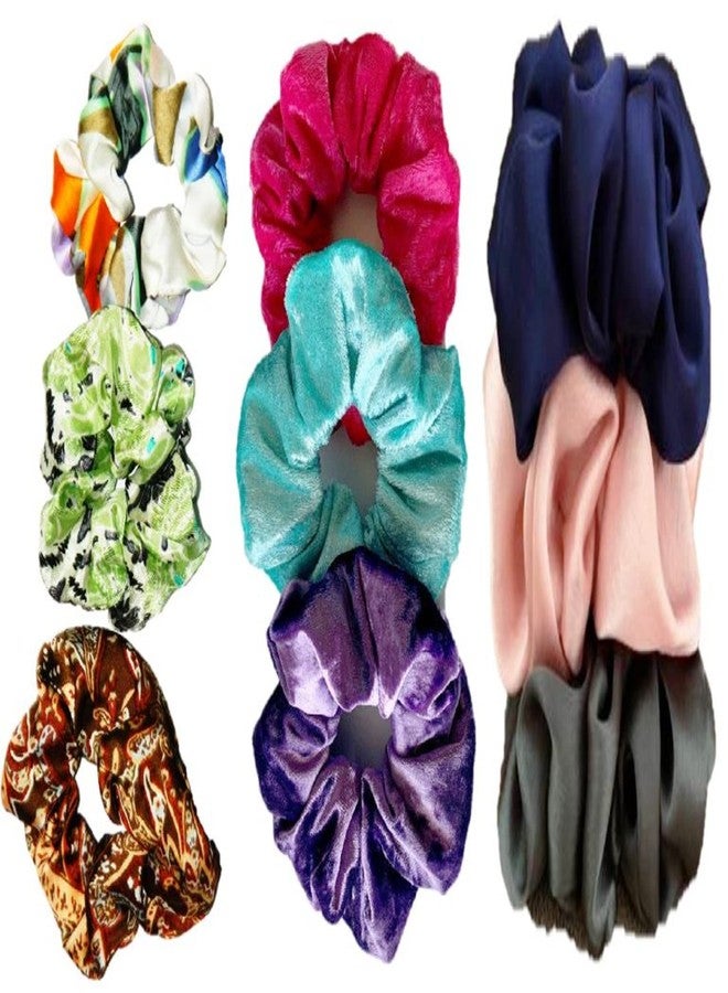 DIAN Multicolor Pack of 9 Hair Scrunchies, Ponytail Holder, Hair Tie, Hair Bow, Rubber Bands in Satin Solid, Velvet Fabric & Printed for Women, Teens and Girls - Image 1
