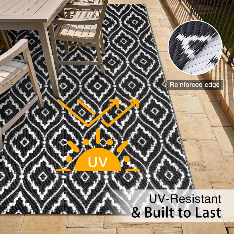 OLANLY Outdoor Rug 5x8 ft Waterproof, Outdoor Plastic Straw Rug with Geometric Pattern Clearance, Reversible RV Mat for Patio, Camping, Balcony, Deck, Backyard, Black & White - Image 4