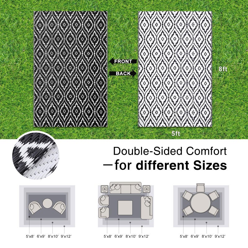 OLANLY Outdoor Rug 5x8 ft Waterproof, Outdoor Plastic Straw Rug with Geometric Pattern Clearance, Reversible RV Mat for Patio, Camping, Balcony, Deck, Backyard, Black & White - Image 2