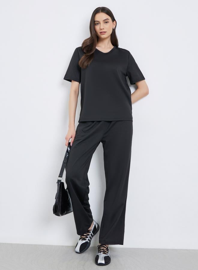 Take Two Black Solid T-Shirt and Joggers Co-Ords - Image 2