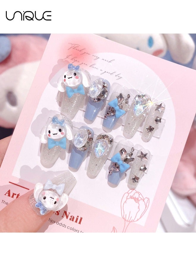Unique 24 Pcs Fake Nails - Mid-length Ballet Manicure - Shiny Blue Cinnamon Dog Manicure - Three-dimensional Diamond Bow Star Manicure - Fake Nail Patch - Image 3