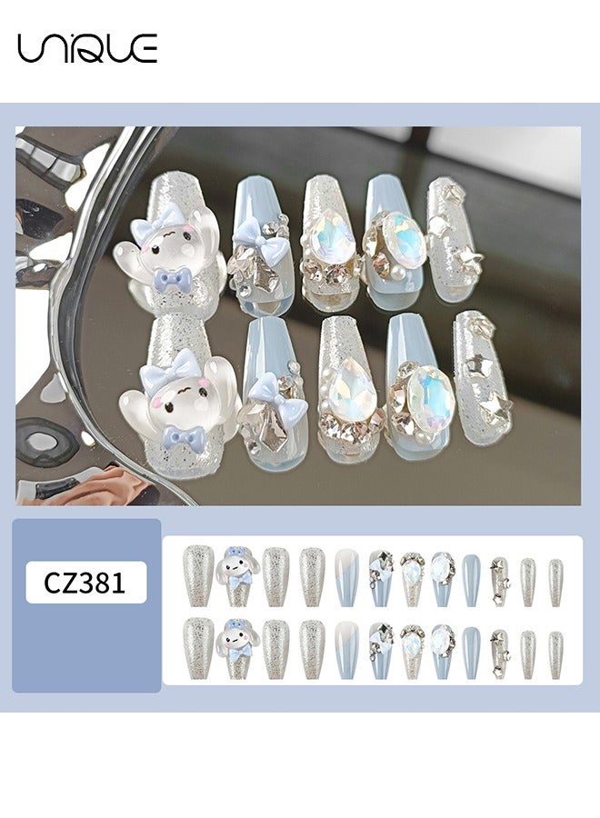 Unique 24 Pcs Fake Nails - Mid-length Ballet Manicure - Shiny Blue Cinnamon Dog Manicure - Three-dimensional Diamond Bow Star Manicure - Fake Nail Patch - Image 2