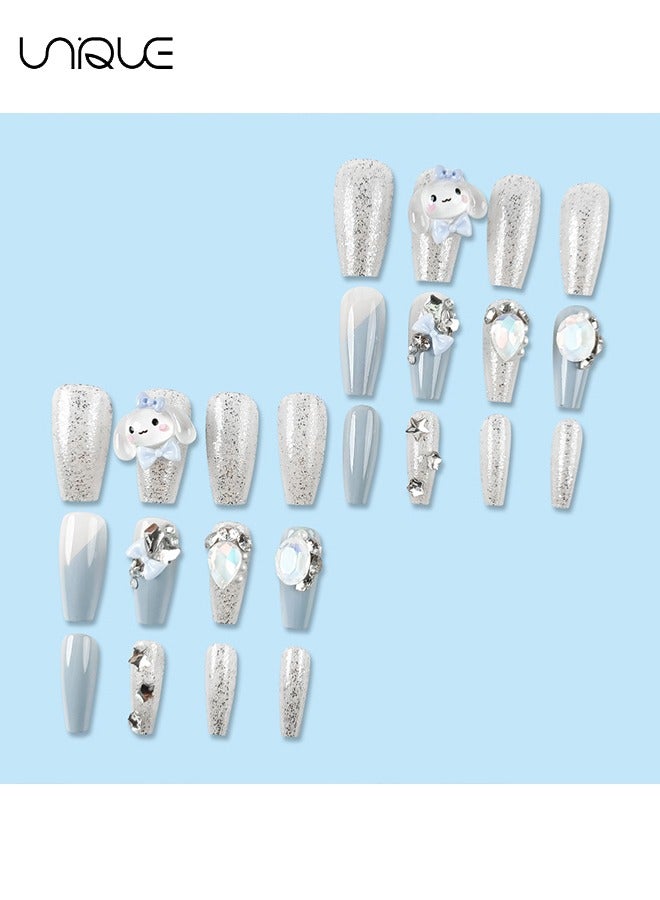 Unique 24 Pcs Fake Nails - Mid-length Ballet Manicure - Shiny Blue Cinnamon Dog Manicure - Three-dimensional Diamond Bow Star Manicure - Fake Nail Patch - Image 5