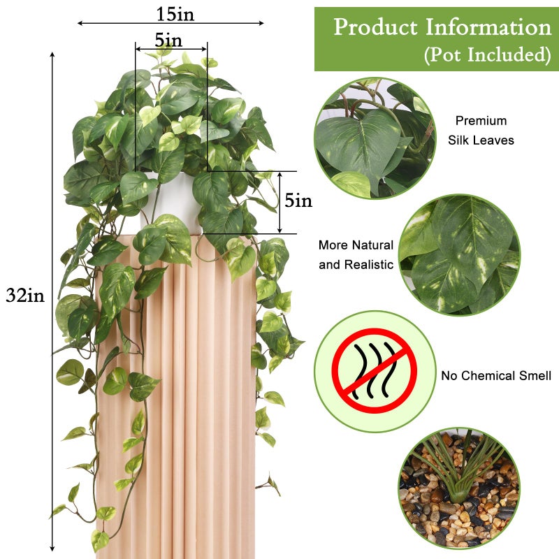 CEWOR Fake Plants Artificial Plants Indoor Faux Plant for Home Decor Silk Realistic Hanging Plants Potted Aesthetic Fake Pothos for Shelves Office Bedroom Bathroom Decor (Green) - Image 2