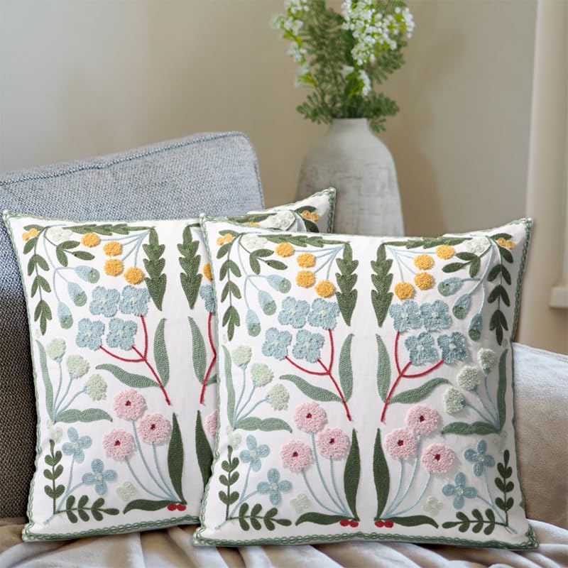 Pilmandu Pack of 2 Embroidered Decorative Throw Pillow Cover 18x18 Inch Farmhouse Floral Pillowcase for Living Room Sofa Bed (Blue Floral) - Image 2