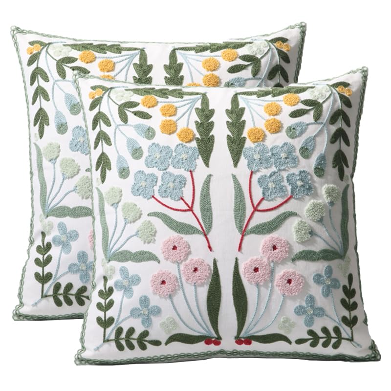 Pilmandu Pack of 2 Embroidered Decorative Throw Pillow Cover 18x18 Inch Farmhouse Floral Pillowcase for Living Room Sofa Bed (Blue Floral) - Image 1