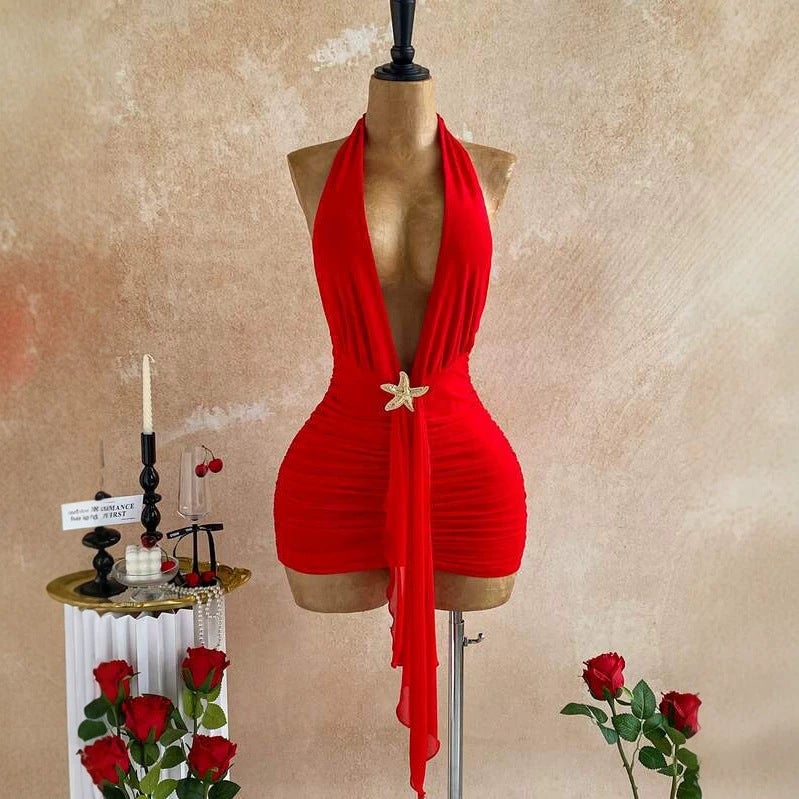 Women's Deep V Halter Bodycon Dress with Starfish Decoration, Red - Image 3