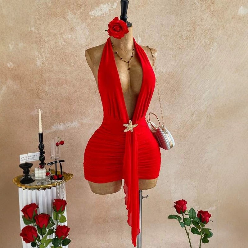 Women's Deep V Halter Bodycon Dress with Starfish Decoration, Red - Image 1