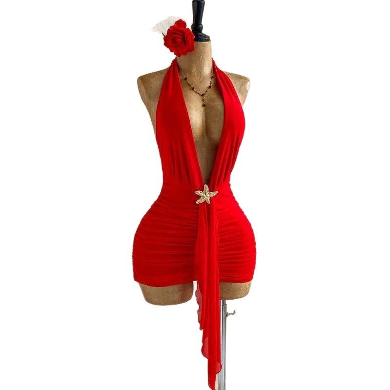 Women's Deep V Halter Bodycon Dress with Starfish Decoration, Red - Image 5