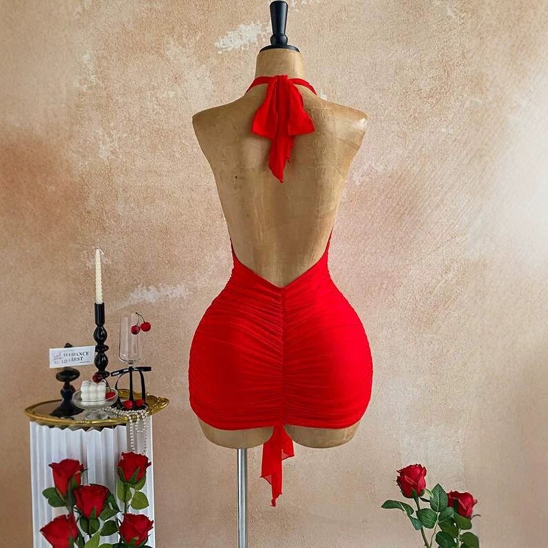 Women's Deep V Halter Bodycon Dress with Starfish Decoration, Red - Image 2