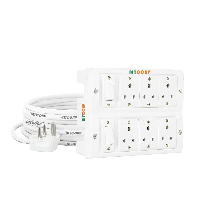 Bitcorp Extension Box 6A Amp 6 Way Multi Plug and 2 Switch 1500W 3 Meter Long Length Cable Cord Compatible with Fridge Charging Pc Tv Charger Laptop Computer Small Appliances White - Image 1