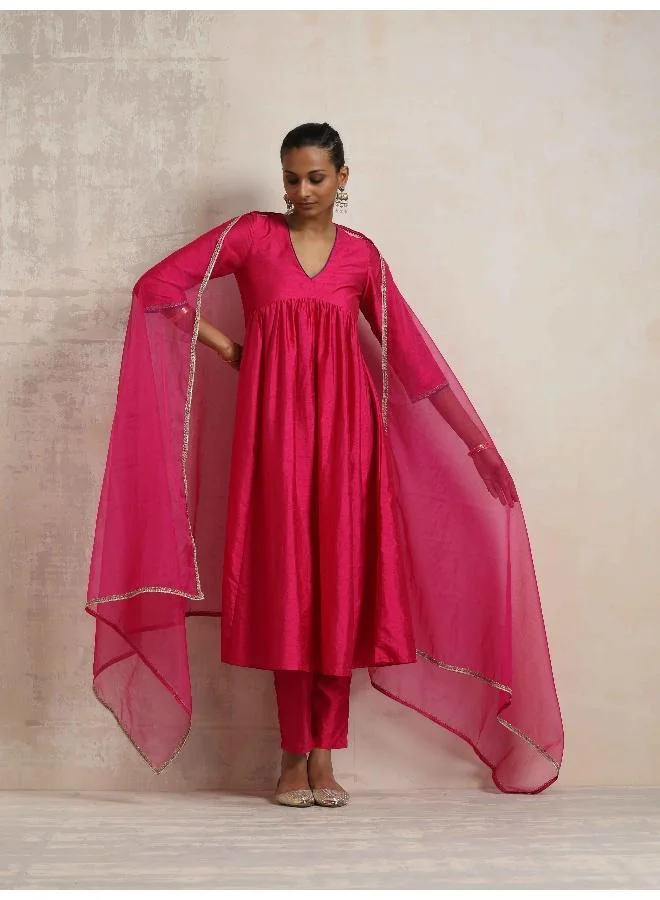trueBrowns Pink Silk Anarkali Kurta Pant Dupatta Set