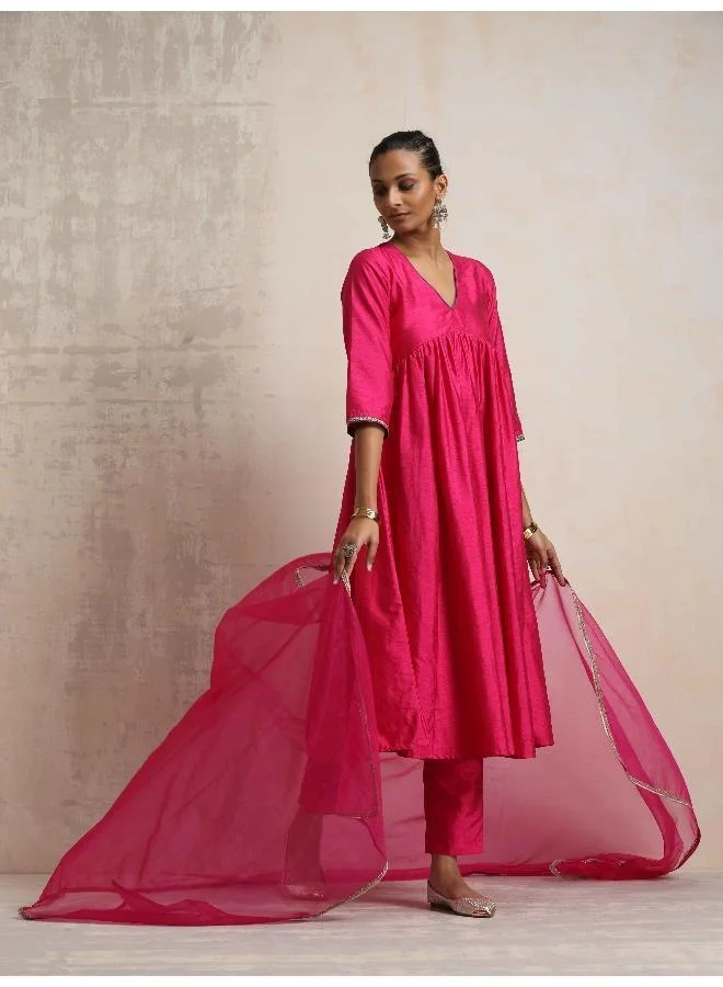 trueBrowns Pink Silk Anarkali Kurta Pant Dupatta Set