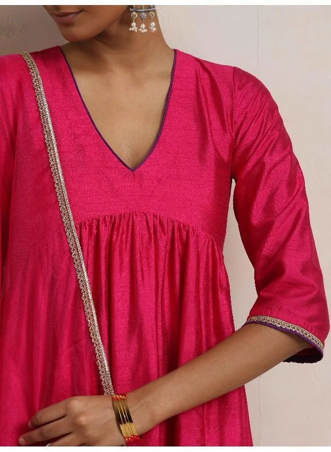 trueBrowns Pink Silk Anarkali Kurta Pant Dupatta Set