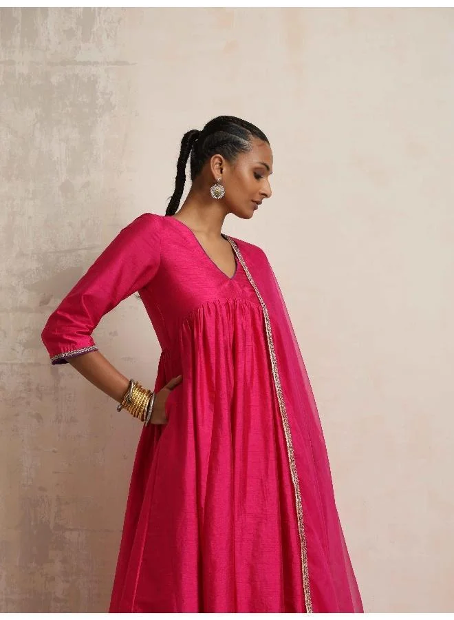 trueBrowns Pink Silk Anarkali Kurta Pant Dupatta Set