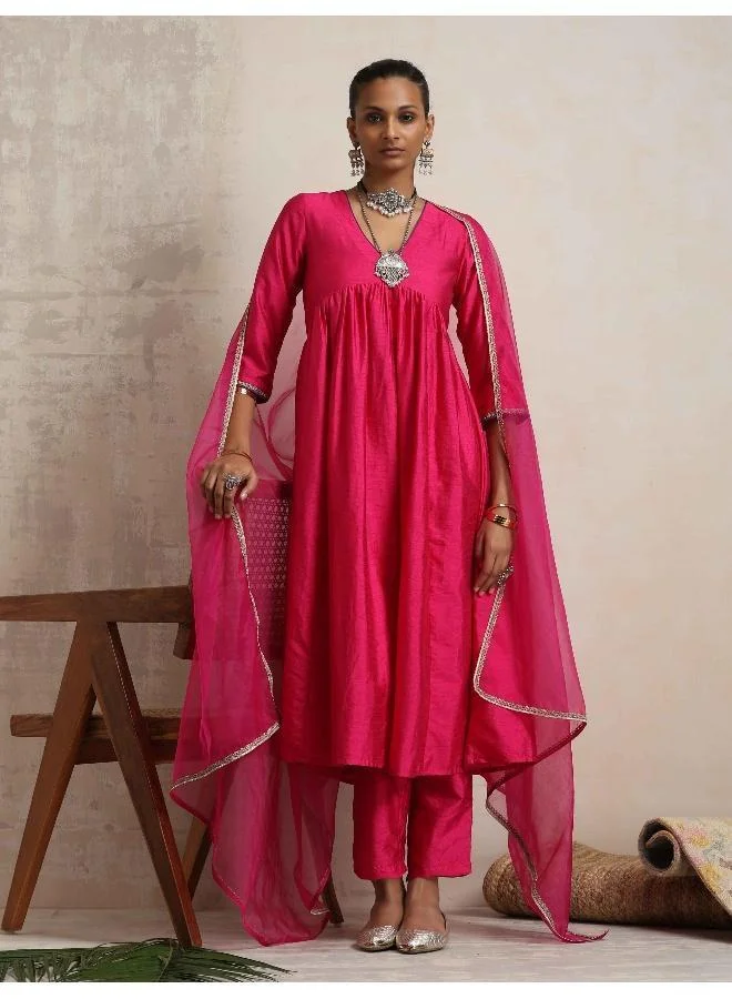 Pink Silk Anarkali Kurta Pant Dupatta Set