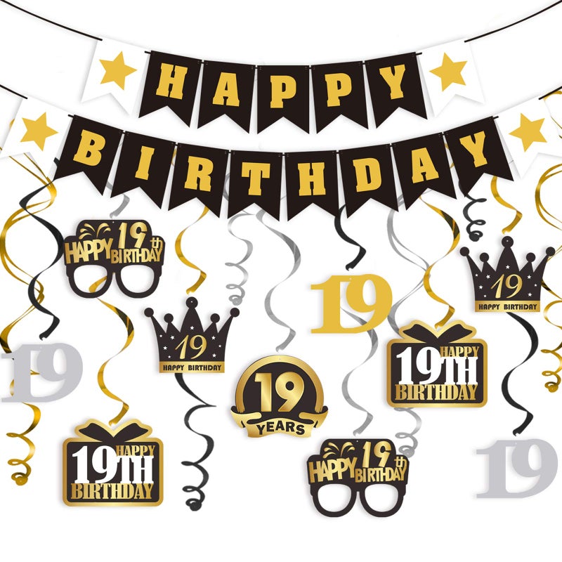 LINGTEER Happy 19th Birthday Decorations Set 12Pcs Black Gold Swirls StreamerHappy Birthday Bunting BannerCheers to Nineteen Years Old Bday Party Decorations Gift Sign - Image 2