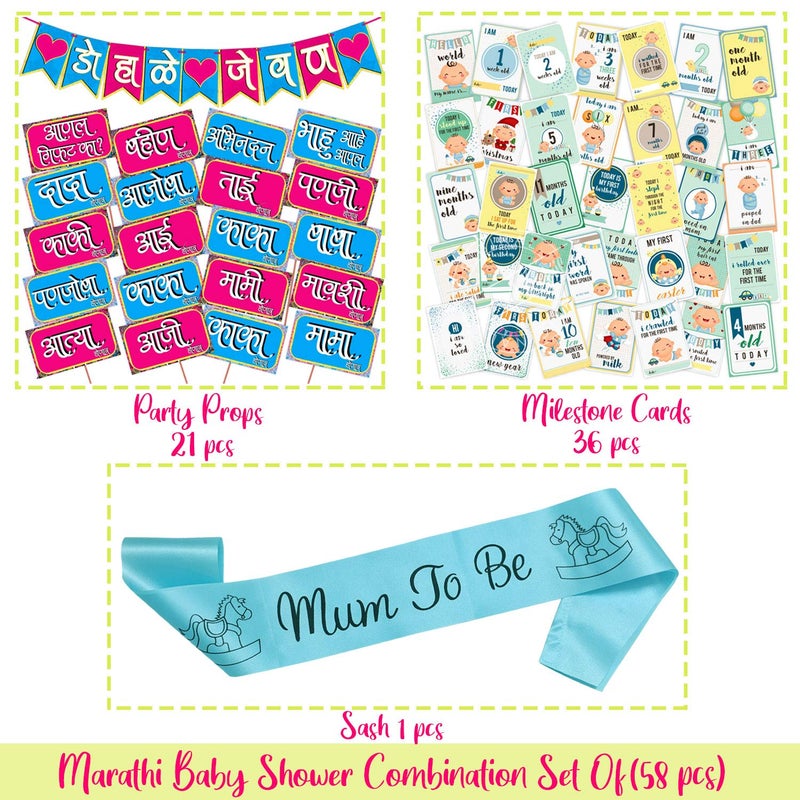 Wobbox Marathi Baby Shower Decoration Items| Baby Shower Ceremony Photo Booth Props for Photoshoot, Baby Shower Banner& Mom to Be Sash with Milestone Card, Godh Bharai Ceremony Decoration Kit-(FP244) - Image 2