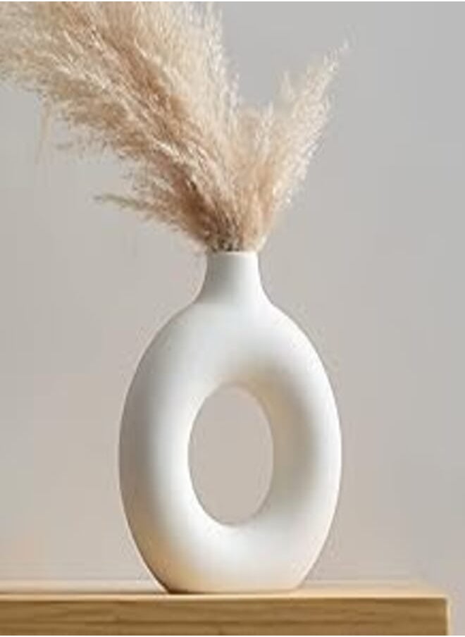 FORTIVO Ceramic Vases for Home Decor, Circle Vase with Hole, Donut Vase, Boho Vase, Ceramic Vase, Vases for Flowers, Decorative Vase, White Ceramic Vase, Pampas Grass Vase, Circular Vase, White Vase 7 inches 