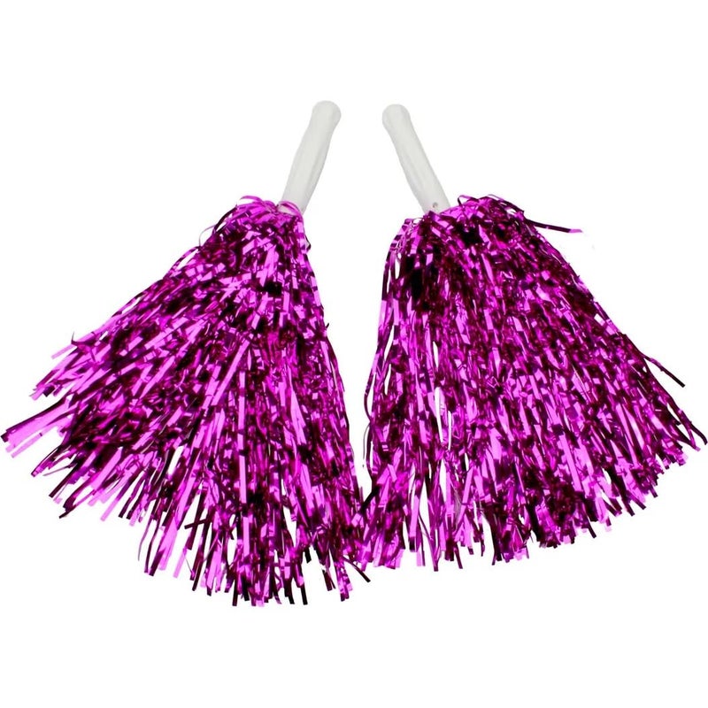 Pink Metallic Cheerleading Pom Poms (2 Pc Pack) with Baton Handle, Ideal for Sports Activities and Cheering Squads