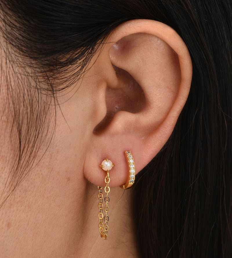 YEEZII Gold Stud Earrings for Women, 6 Pairs 14K Hypoallergenic Cartilage Earrings for Multiple Piercing, Dainty Small Stackable Hoop Ball Earrings Set (Gold-4 Pairs Chain) - Image 4