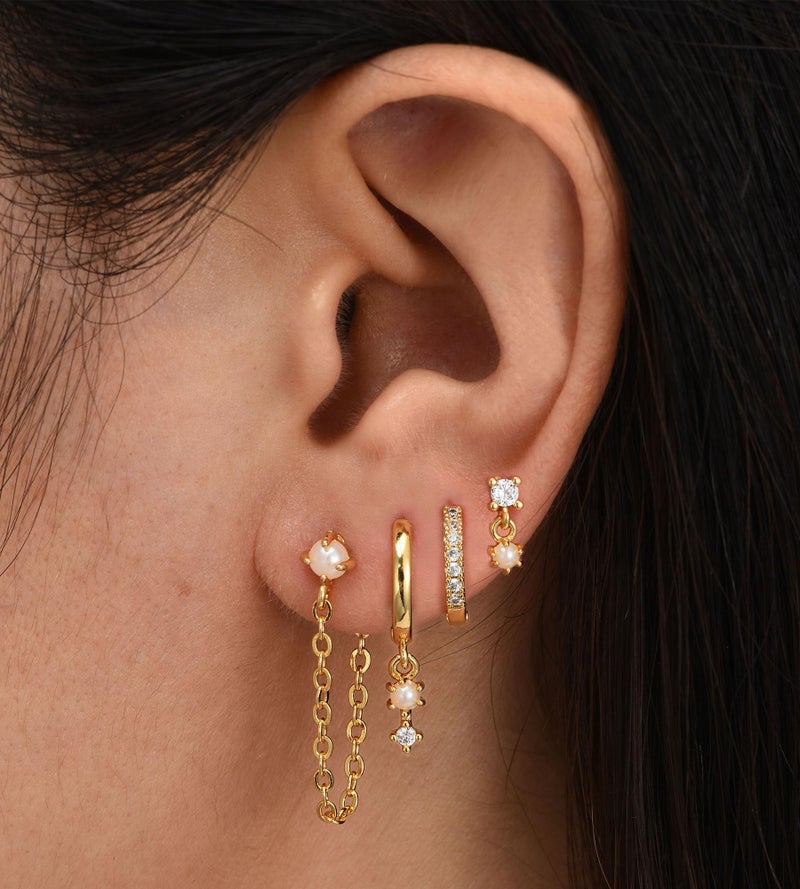 YEEZII Gold Stud Earrings for Women, 6 Pairs 14K Hypoallergenic Cartilage Earrings for Multiple Piercing, Dainty Small Stackable Hoop Ball Earrings Set (Gold-4 Pairs Chain) - Image 2