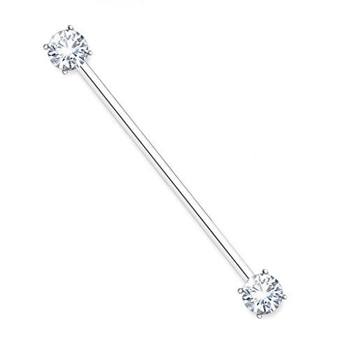 Pierced Owl 14GA 316L Surgical Steel Round CZ Crystal Industrial Barbell (Silver Tone) - Image 1