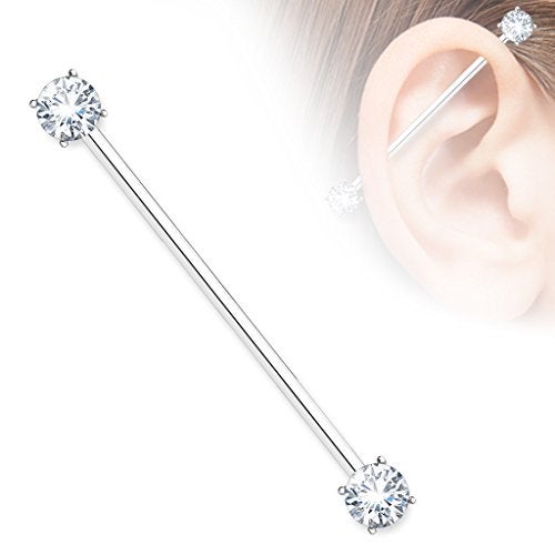 Pierced Owl 14GA 316L Surgical Steel Round CZ Crystal Industrial Barbell (Silver Tone) - Image 2