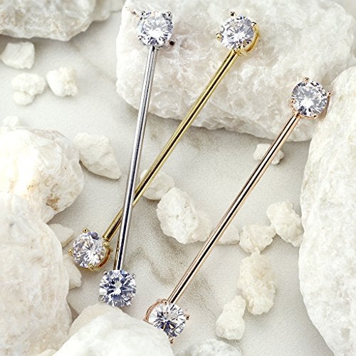Pierced Owl 14GA 316L Surgical Steel Round CZ Crystal Industrial Barbell (Silver Tone) - Image 4