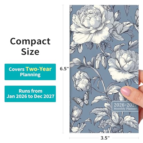 ZOTIA Pocket Calendar 2026-2027 for Purse, Two Year Monthly Planner Pocket Size 6.5" x 3.5", Jan 2026 - Dec 2027 Monthly Planner Small Calendar for School, Work and Home - Butterfly Peony - Image 3