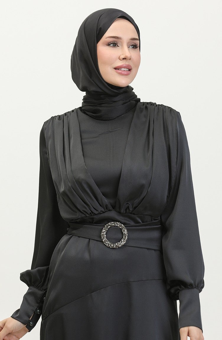 Layered Satin Evening Dress 6001-02 Black