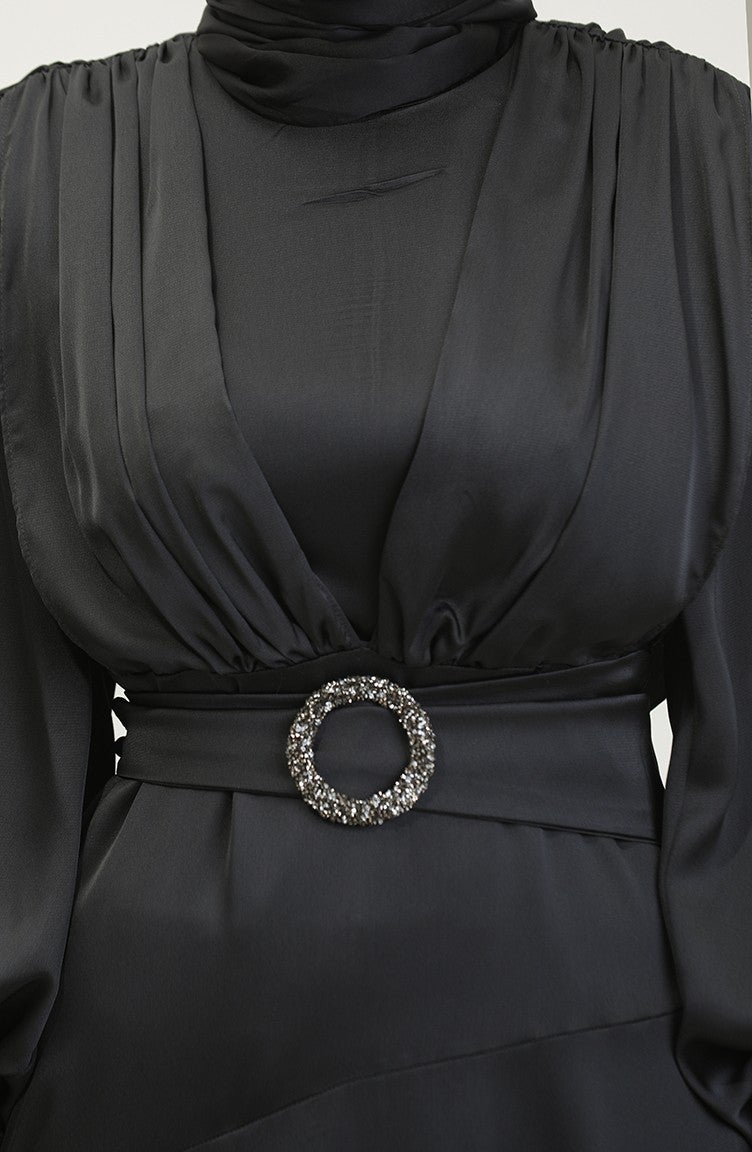 Layered Satin Evening Dress 6001-02 Black