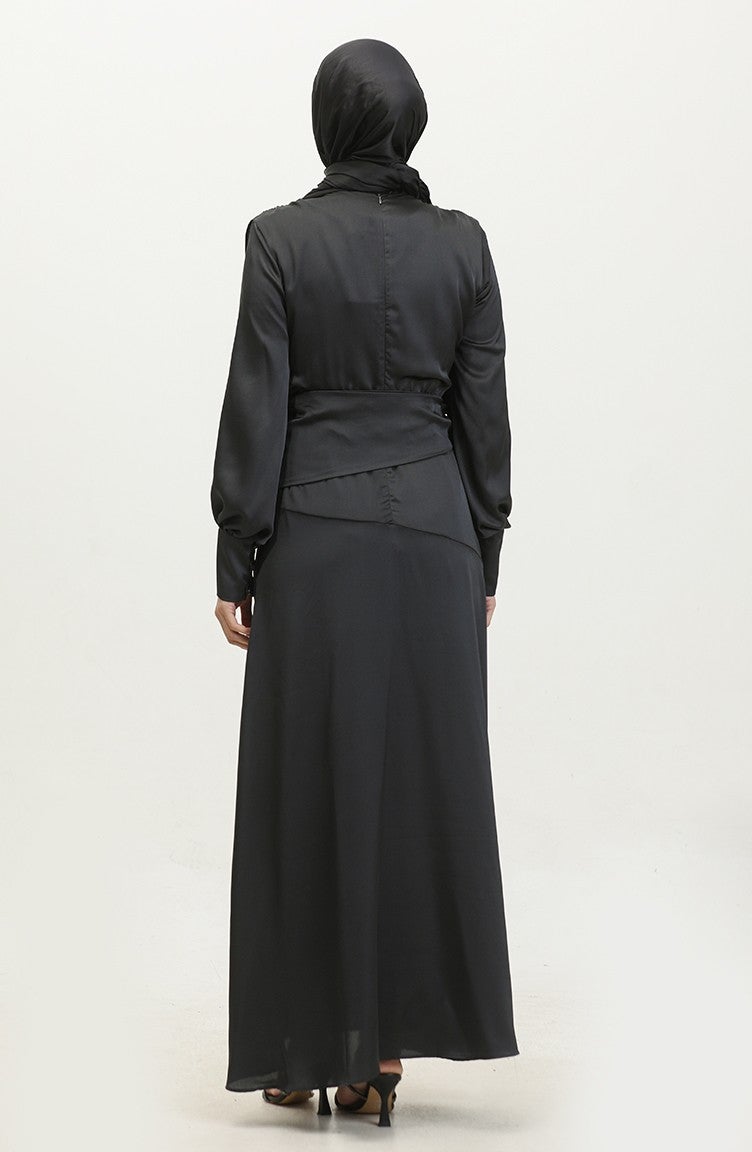 Layered Satin Evening Dress 6001-02 Black