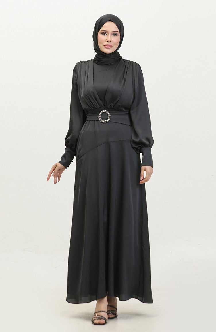 Layered Satin Evening Dress 6001-02 Black