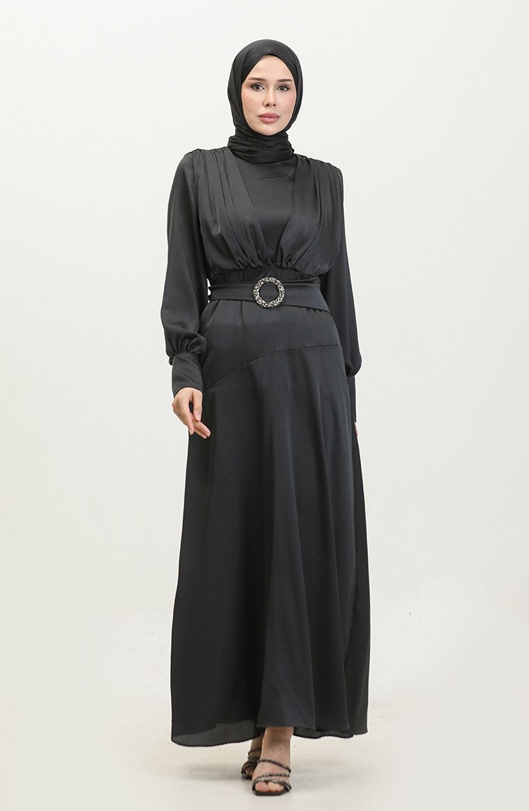 Layered Satin Evening Dress 6001-02 Black