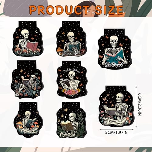 Wxiben Gothic Skeleton Bookmark Magnetic - 8 Pcs Skeleton Reading Bookmarks Magnetic Flower Skull Book Lover Book Marks Page Magnets Marker Clip Gifts for Women Men Students Teacher Reader Bookish - Image 2