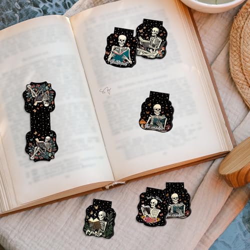 Wxiben Gothic Skeleton Bookmark Magnetic - 8 Pcs Skeleton Reading Bookmarks Magnetic Flower Skull Book Lover Book Marks Page Magnets Marker Clip Gifts for Women Men Students Teacher Reader Bookish - Image 5