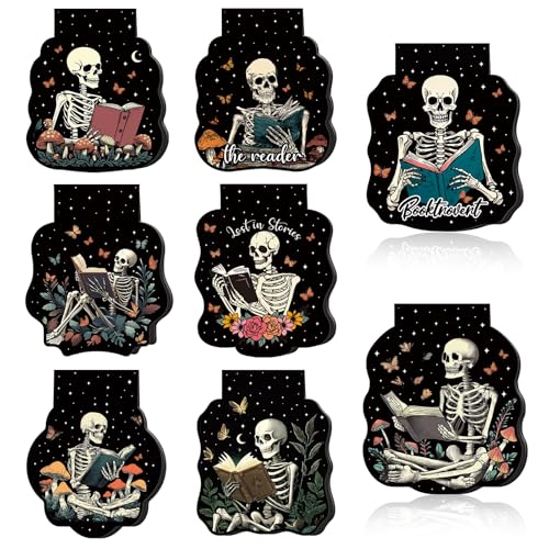 Wxiben Gothic Skeleton Bookmark Magnetic - 8 Pcs Skeleton Reading Bookmarks Magnetic Flower Skull Book Lover Book Marks Page Magnets Marker Clip Gifts for Women Men Students Teacher Reader Bookish - Image 1