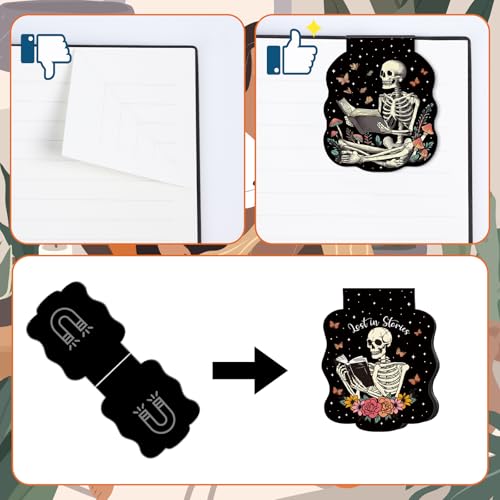 Wxiben Gothic Skeleton Bookmark Magnetic - 8 Pcs Skeleton Reading Bookmarks Magnetic Flower Skull Book Lover Book Marks Page Magnets Marker Clip Gifts for Women Men Students Teacher Reader Bookish - Image 4